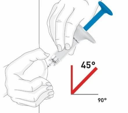 Technical drawing showing a hand holding an injector and the