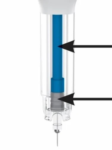 Diagram of a transparent syringe with an internal blue plunger and a gray base with a thin metal needle at the tip
