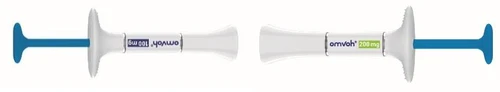 Two Omvoh injection pens in white and blue, one 100 mg and one 200 mg, shown mirrored with colored labels and ergonomic grips