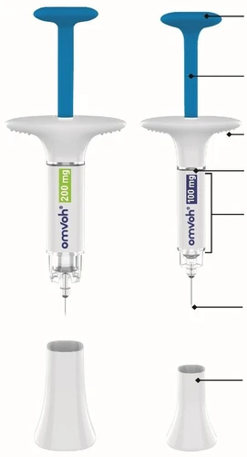 Two pre-filled Omvoh syringes of 200 mg and 100 mg with blue grips and white bodies, placed side by side with two white protective caps and guideline markings