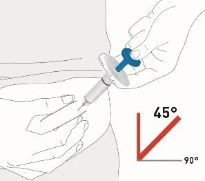 Illustration showing a hand holding a syringe angled at 45 degrees for injection