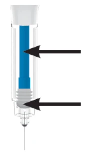 Diagramma di una siringa con due frecce nere che indicano rispettivamente il corpo cilindrico blu e la parte inferiore del pistone bianco