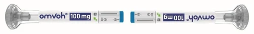 Two Omvoh 100 mg injection pens arranged horizontally with blue text and green icons on white background and transparent caps