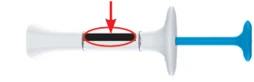 Diagram of a medical device with a red arrow indicating to press the central black section between the two white parts and the blue handle