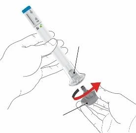 A hand holding a transparent injection pen while the