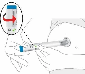 Hands holding an injection pen on the thigh with an inset showing rotation of a dial with open and closed lock icons