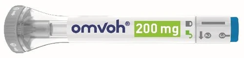 Omvoh auto-injector pen 200 mg with white body, blue logo, green label, and gray icons for usage instructions