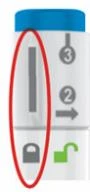Detail of a medical device with a red circle highlighting a vertical gray bar above a closed lock symbol