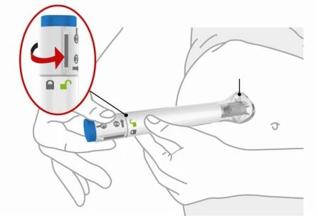 Hands holding a white auto-injector on the thigh with an inset showing rotation of the upper part of the device