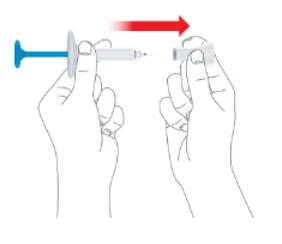 Two hands holding a syringe being pushed to the right with a red arrow indicating the insertion movement into a device