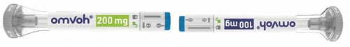 Two Omvoh injection pens, one 200 mg with green label and one 100 mg with blue label, arranged horizontally on white background