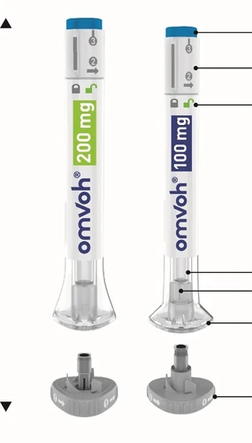 Two Omvoh injection pens 200 mg and 100 mg with numerical indicators and detailed components, and two separate gray circular bases