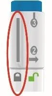 White medical device with numerical indicators 2 and 3, a vertical gray bar, and a lock symbol, all highlighted by a red circle