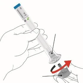 A hand holding a transparent injection pen while the