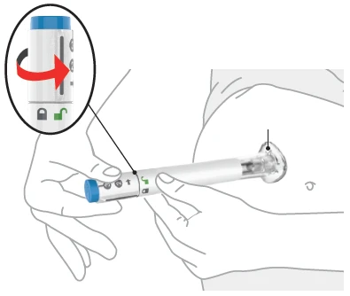 Hands holding an injection pen against the skin of the