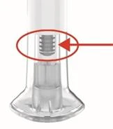 Detail of a transparent medical device with a red arrow indicating an internal section with horizontal grooves circled in red