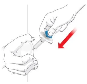 Two hands holding a syringe to inject medication into a body area with a red arrow indicating the direction of injection