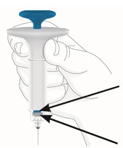 A hand holding a white syringe with a blue knob, with two black arrows indicating the base and the tip