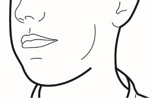 Black and white line drawing of a person's face and neck with focus on the jaw and throat area