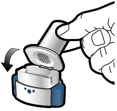 A hand rotating downward the protective cap of a white and blue cylindrical medical device to open it