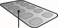 Gray rectangular blister pack with ten oval cavities containing tablets and a vertical black line pointing to a central pill