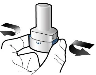 Two hands holding a cylindrical white medical device with black curved arrows indicating rotational movement in both directions