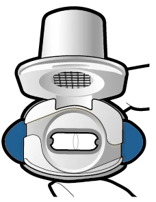White medical device with a central rectangular window and two blue side handles on a white background