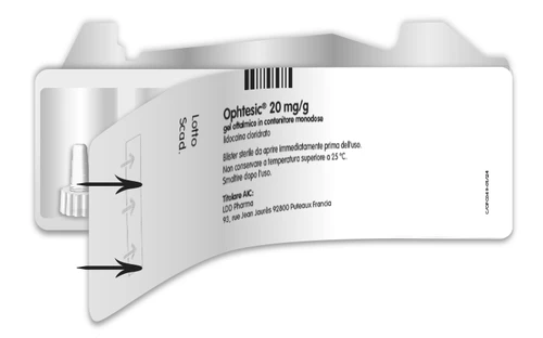 White packaging of Ophtesic 20 mg/g ophthalmic gel with batch number, expiration date and manufacturer LDG Pharma on a light background