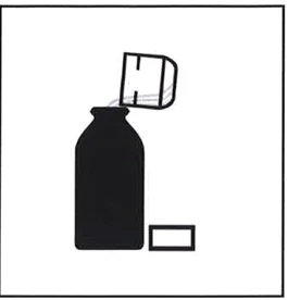Black and white stylized drawing of a dark bottle with a lifted cap and a small rectangular container next to its base