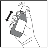 Una mano tiene un flaconcino scuro con un'etichetta bianca e una freccia nera indica un movimento di scuotimento verso l'alto e verso il basso