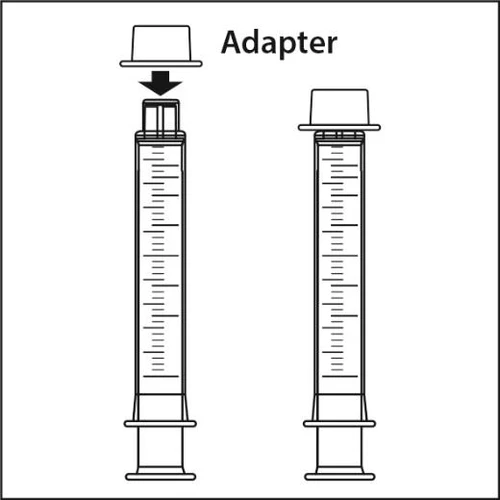 Diagramma che mostra un adattatore che viene inserito sulla parte superiore di una siringa graduata accanto a una siringa già assemblata