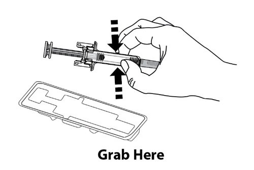 A hand holds a syringe with two fingers while dashed arrows indicate the direction of downward pressure near an empty container