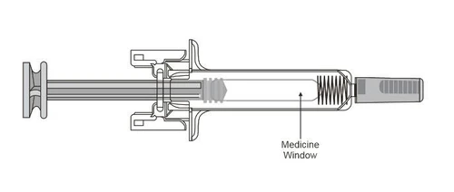 Technical diagram of a syringe with an arrow pointing to the medicine window on the transparent body of the device