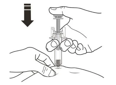 Two hands holding a syringe to inject medication into the skin with a black arrow indicating downward movement