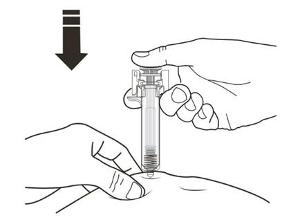 A hand holds a transparent syringe to insert it vertically into the skin of an arm, following the direction of a black downward arrow