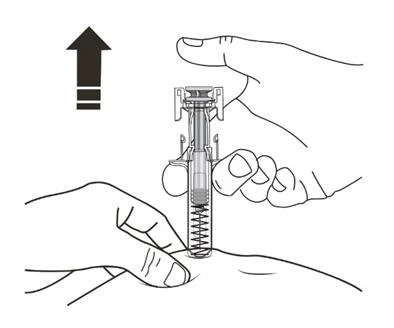Technical drawing showing two hands holding an auto-injector placed against the skin with an arrow pointing downward