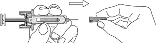 Technical illustration showing two hands handling a syringe to remove the protective cap from the