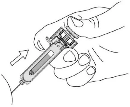 Technical illustration showing two hands holding an injection pen administering medication into the skin of the arm, with an arrow indicating the direction of