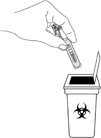 A hand holding an injection pen preparing to dispose of it into a biohazard waste container marked with the biohazard symbol