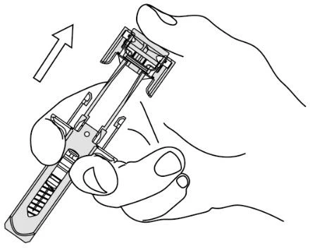 A hand holding a syringe-shaped medical device with an arrow indicating movement toward the