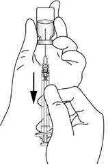 Two hands preparing a syringe by drawing liquid from a glass vial, with a black arrow indicating downward movement