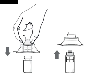 Disegno tecnico che mostra una mano che preme un dispositivo su un flaconcino e la successiva separazione tra il dispositivo e il flaconcino stesso