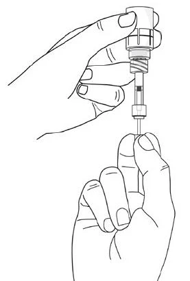 Disegno lineare di due mani che maneggiano una siringa con ago per l'iniezione di un farmaco medico