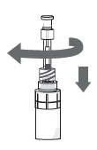 Diagramma che mostra il movimento rotatorio orizzontale e la pressione verso il basso per azionare un dispositivo medico a siringa