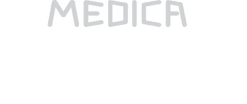 Logo della parola MEDICA scritto in caratteri maiuscoli grigi con un font moderno e stilizzato su sfondo bianco
