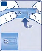Two hands hold a blue injection pen with a curved arrow indicating rotation of the dosage dial set to 0.25 mg