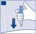 A hand holds an injection pen ready to be pressed downward onto a curved surface indicated by a blue arrow