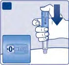 A hand presses a downward-pointing injection pen onto a surface, with a blue arrow indicating the downward movement