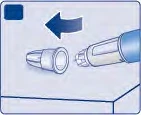 A blue arrow indicates the motion of inserting a white protective cap onto the tip of a medical injection pen