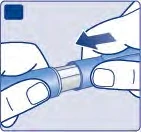 Two hands hold a blue and white cylindrical medical device, with a black arrow indicating an insertion or leftward sliding movement